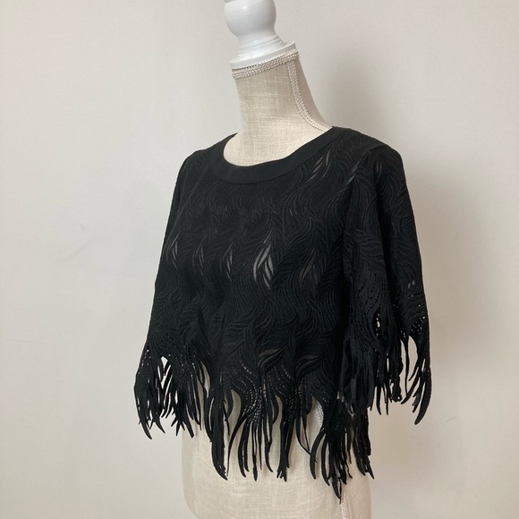 GRACIA Black Fringe Short Sleeve Crop Top M - Picture 2 of 10